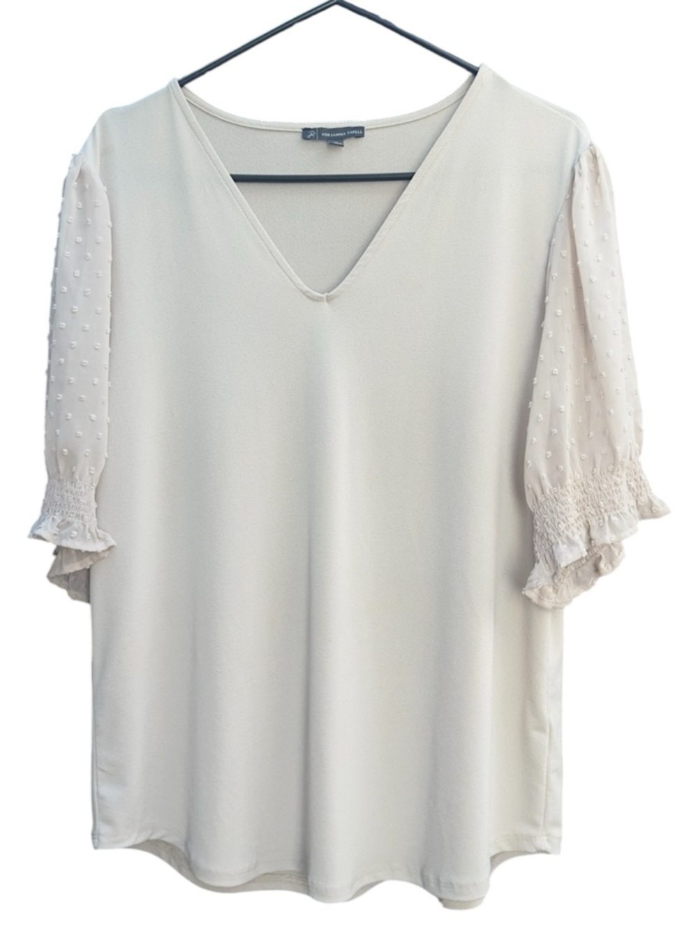Adrianna Papell Cream V-Neck Blouse XL Swiss Dot Puff Sleeve Smocked Cuff - Picture 2 of 6